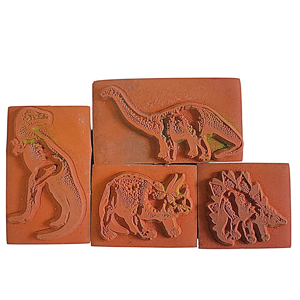 VTG Dinosaur Rubber Stamp Set 4pc Foam TRex Triceratops Brontosaurus Stegosaurus